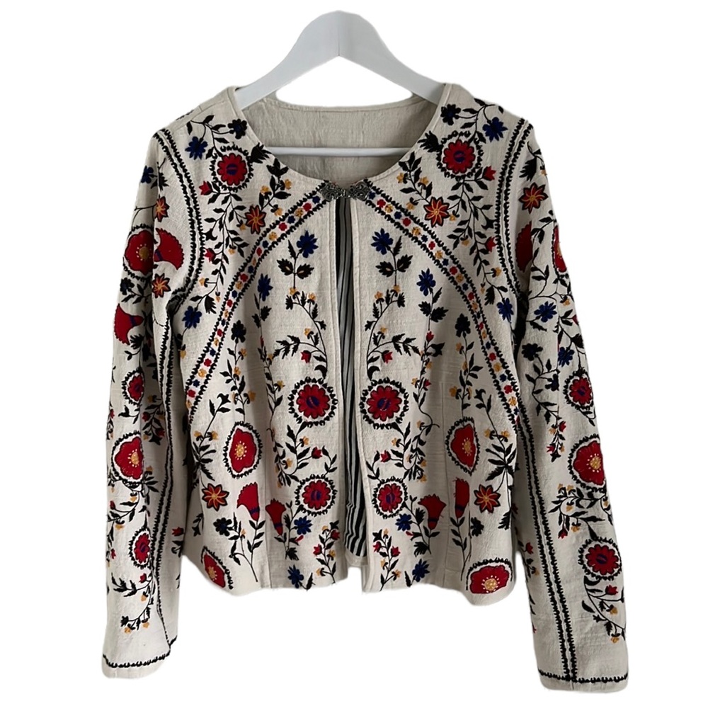 Anthropologie Embroidered Floral Jacket with Striped Lining